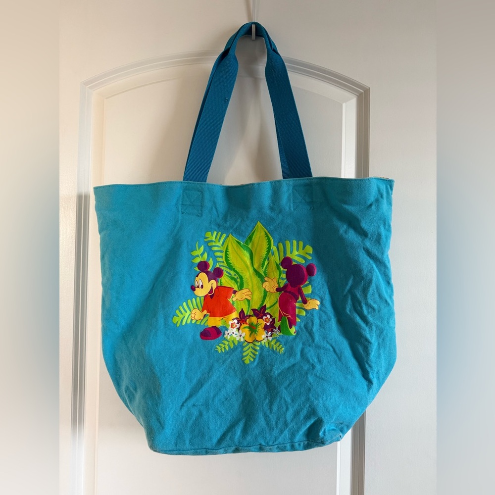 Minnie Mickey Mouse Canvas Tote Bag Disney 20”x16” Reversible Floral Blue